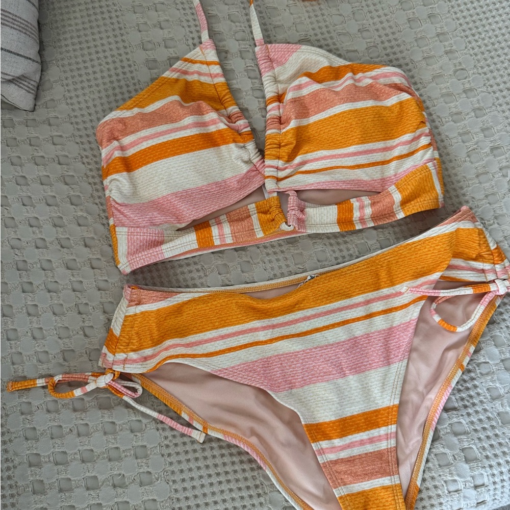 CUPSHE Striped Pink and Orange Bikini Set SIZE L